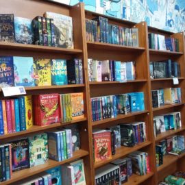 Tall Wooden open shelving with colourful children's books displayed